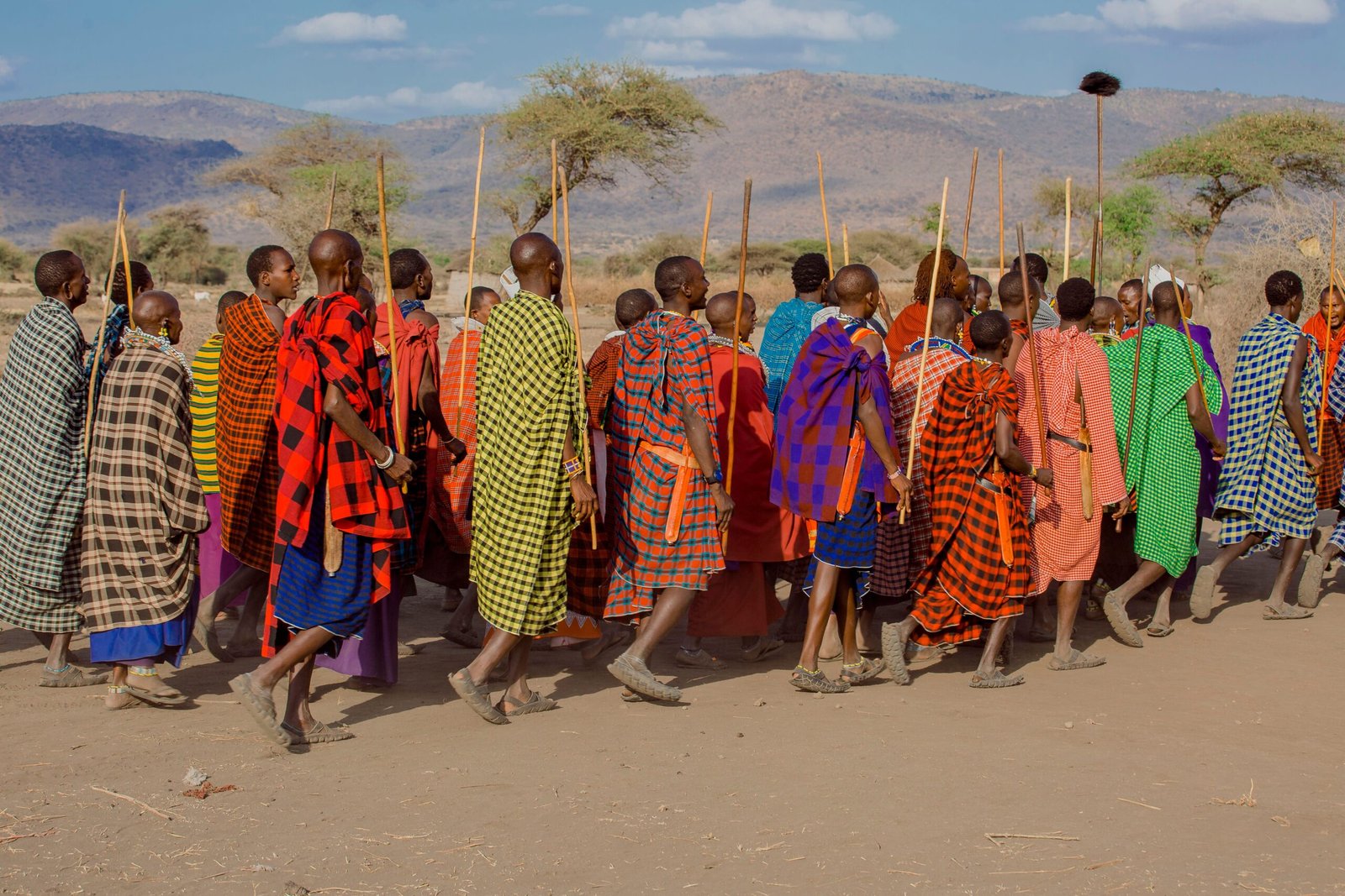 Vibrant Maasai group in traditional attire with scenic Tanzanian backdrop.